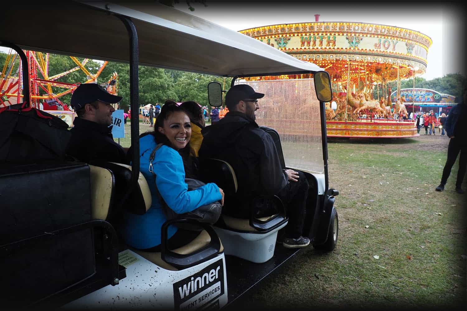 the band arriving at Victorious on a buggy